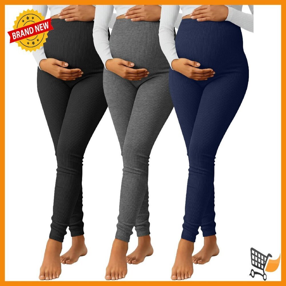 3 Pack Maternity Leggings Ribbed Cotton Over Belly Lounge Pants